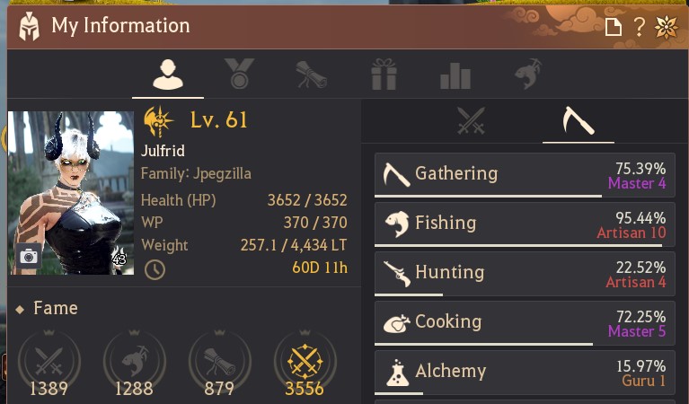 a screenshot of my character's stats, showing that my alchemy level is at guru 1.