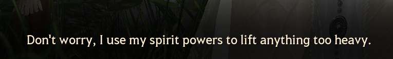 the subtitles for mizella's famous line “don't worry, we use power of spirit to move heavy items.” they actually say “don't worry, I use my spirit powers to lift anything too heavy”, despite what the voice line says. the subtitles for mizella's famous line “don't worry, we use power of spirit to move heavy items.” they actually say “don't worry, I use my spirit powers to lift anything too heavy”, despite what the voice line says.