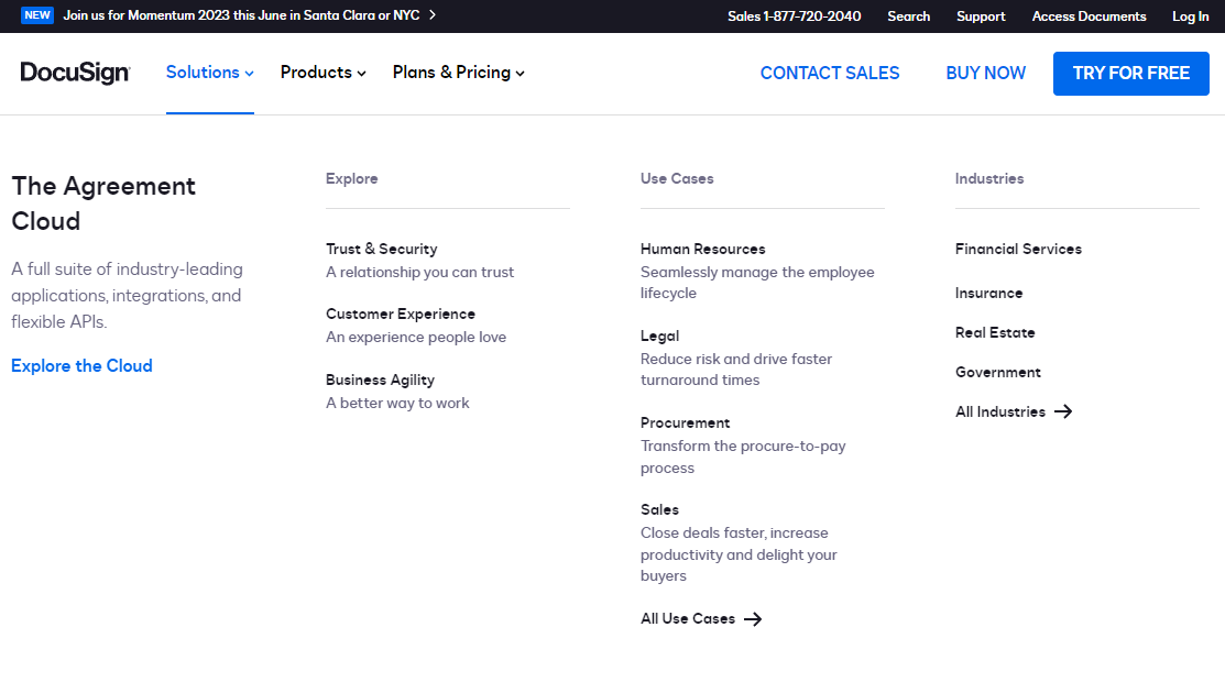 a screenshot of the current navigation on docusign's home page. a screenshot of the current navigation on docusign's home page.