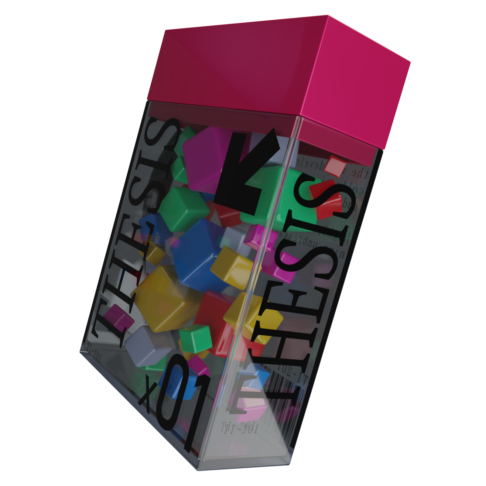 a picture of a clear rectangular plastic box containing small colorful cubes. the text on the side says 'thesis'. a picture of a clear rectangular plastic box containing small colorful cubes. the text on the side says 'thesis'.